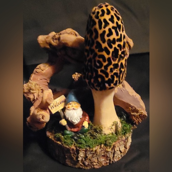Whimsical Morel Mushroom & Gnome Wood Burned Sculpture - Picture 1 of 2